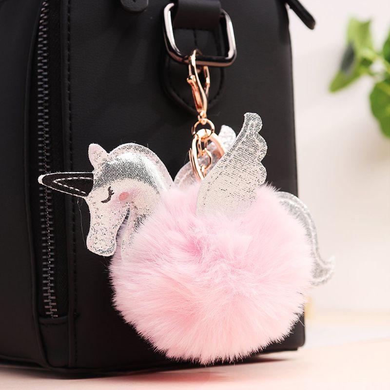 Kvinner Faux Fur Unicorn Bag Charm Søt Nøkkelring