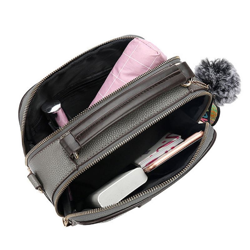 Kvinner Faux Leather Plain Fur Ball Håndveske Skulderveske Crossbody Bag