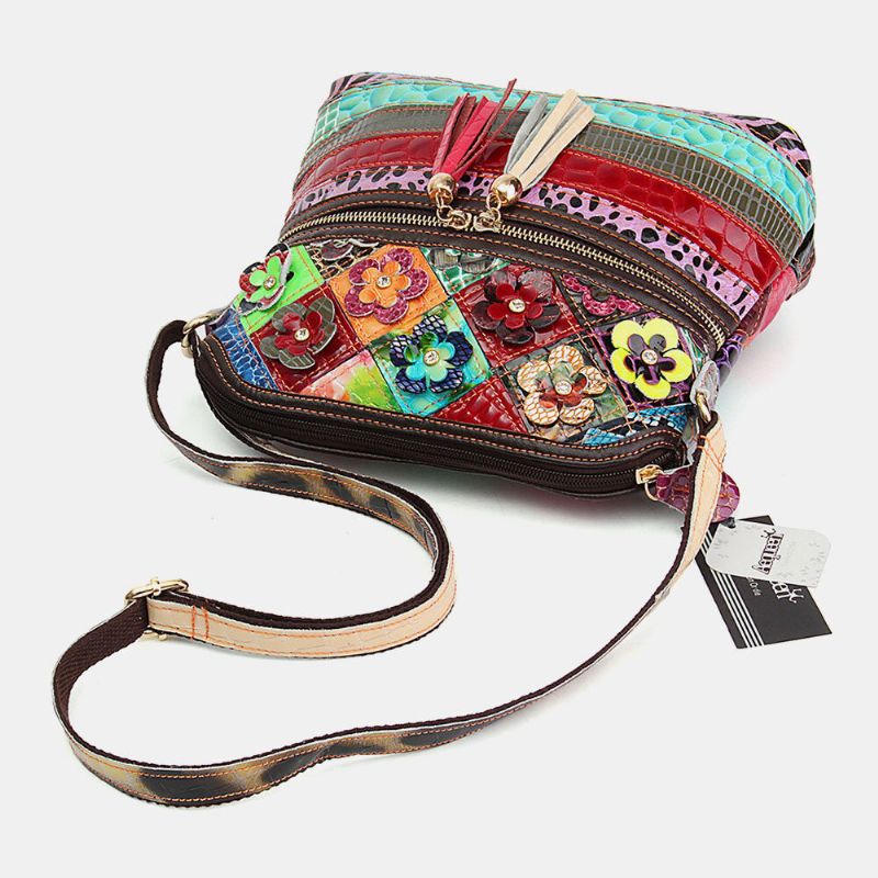 Kvinner Floral Vintage Ekte Skinn Crossbody Bag Jenter Casual Skulderveske