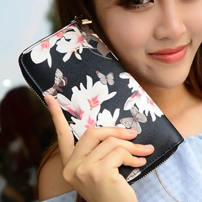 Kvinner Flower Print Stilig Lang Lommebok Kortholdere Veske