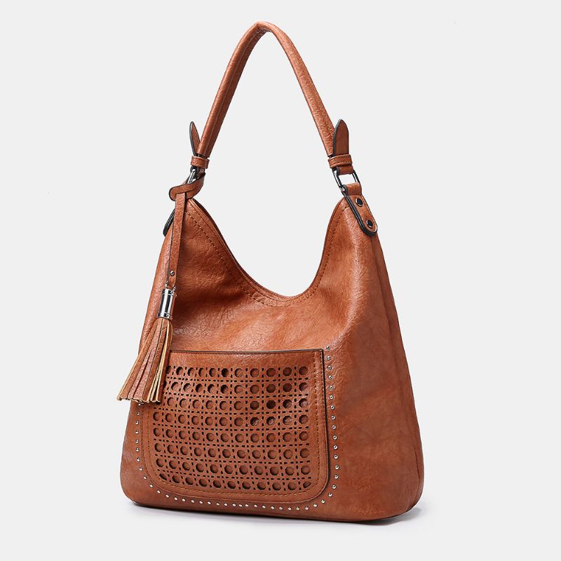 Kvinner Laser Cut Bag Tassel Rivet Tote Bag