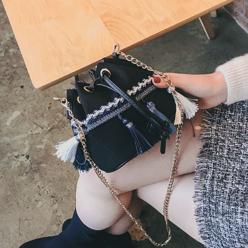 Kvinner Mini Chain Bucket Bag Dash Rope Skulderveske Håndveske