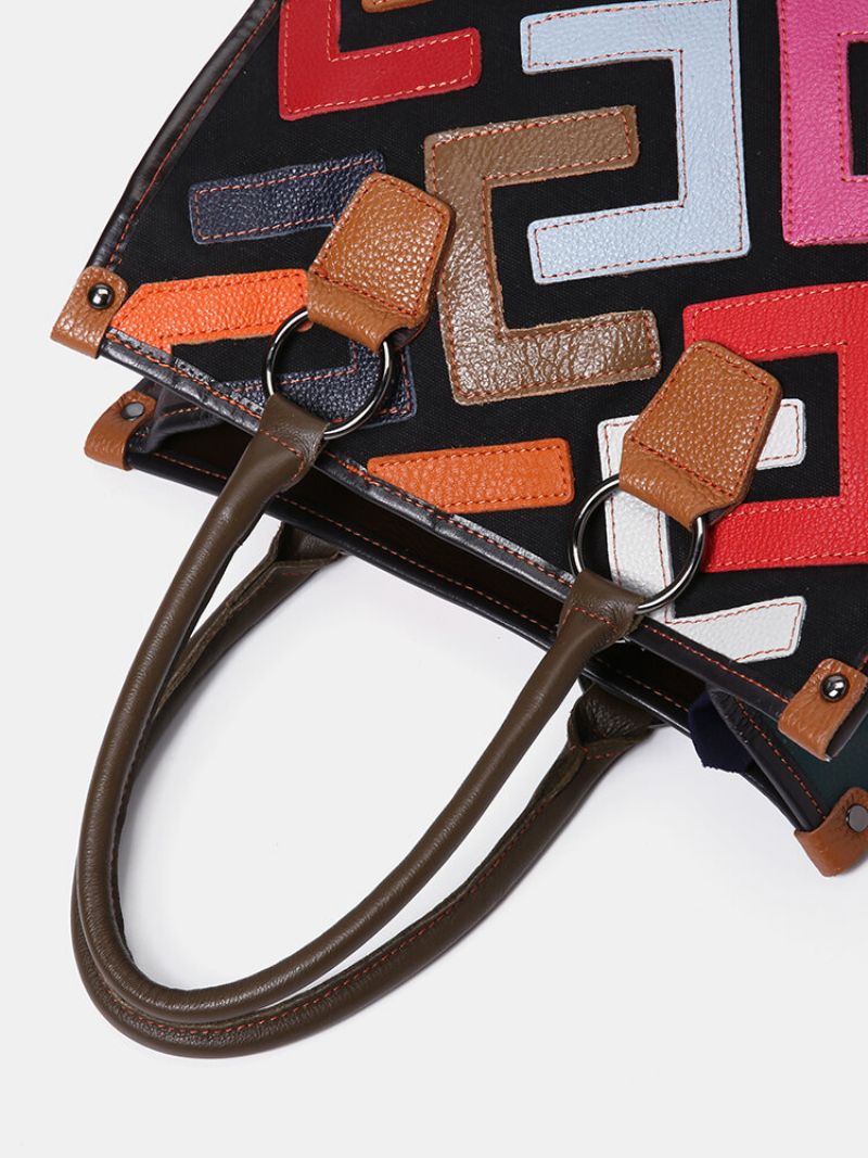 Kvinner Patchwork Tøyvesker I Ekte Skinn Håndvesker Med Stor Kapasitet Bohemian Vintage Crossbody-vesker