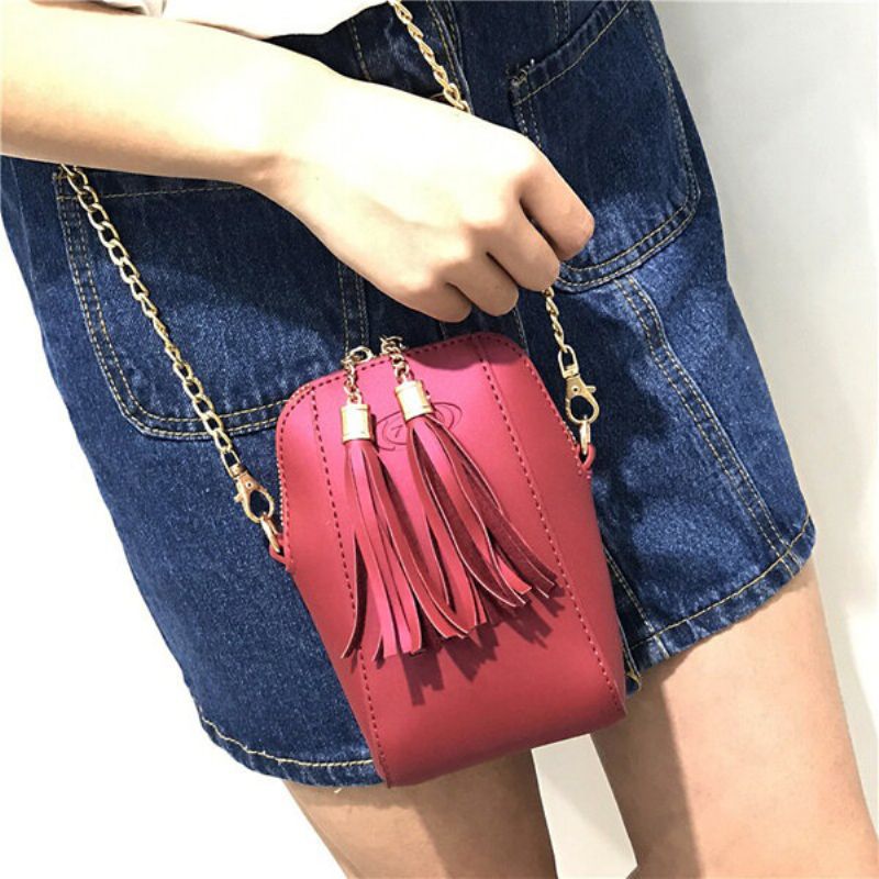 Kvinner Pu Leather Tassel Telefonvesker Mini Crossbody-vesker