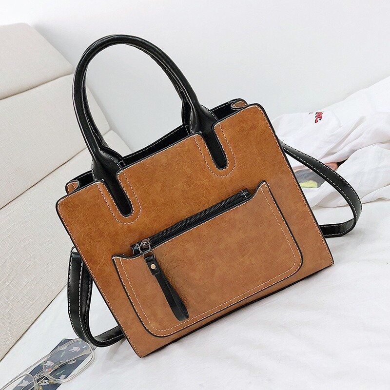 Kvinner Pu Leather Tote Handbag Retro Solid Leisure Crossbody Bag