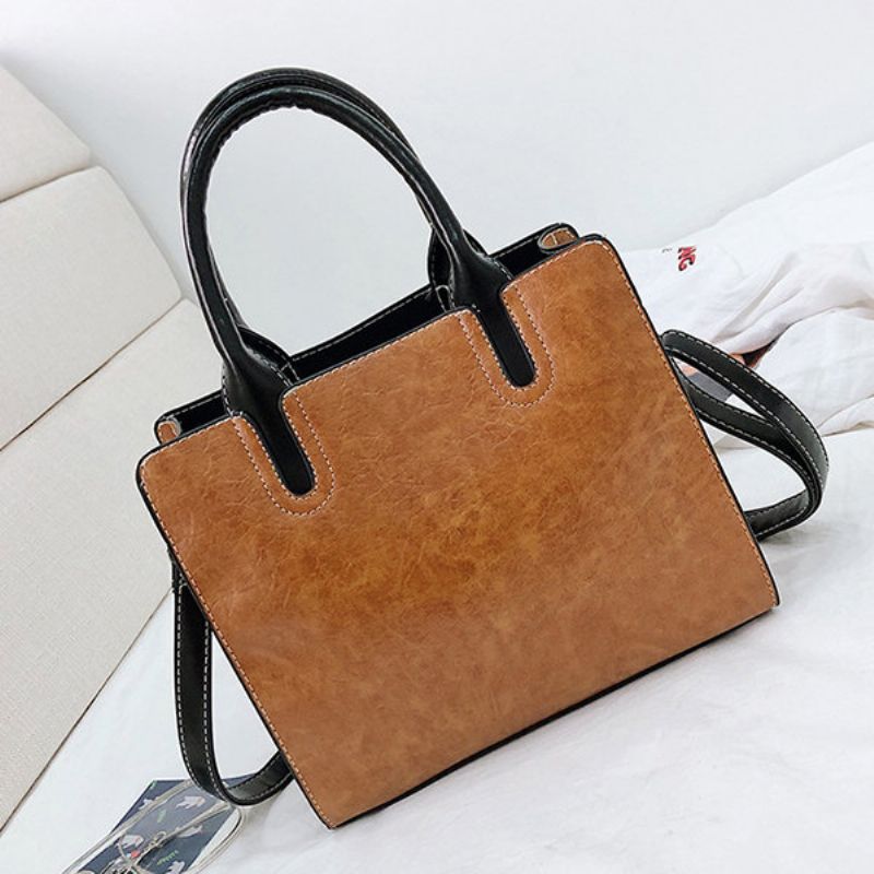 Kvinner Pu Leather Tote Handbag Retro Solid Leisure Crossbody Bag