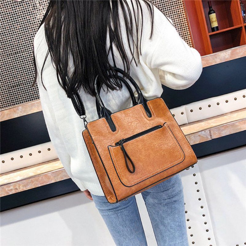 Kvinner Pu Leather Tote Handbag Retro Solid Leisure Crossbody Bag