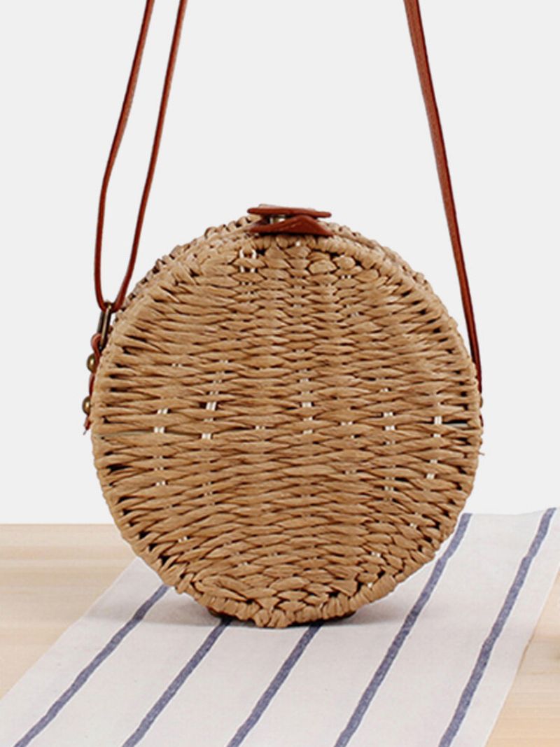 Kvinner Rundvevd Halm Crossbody Bag Solid Beach Bag