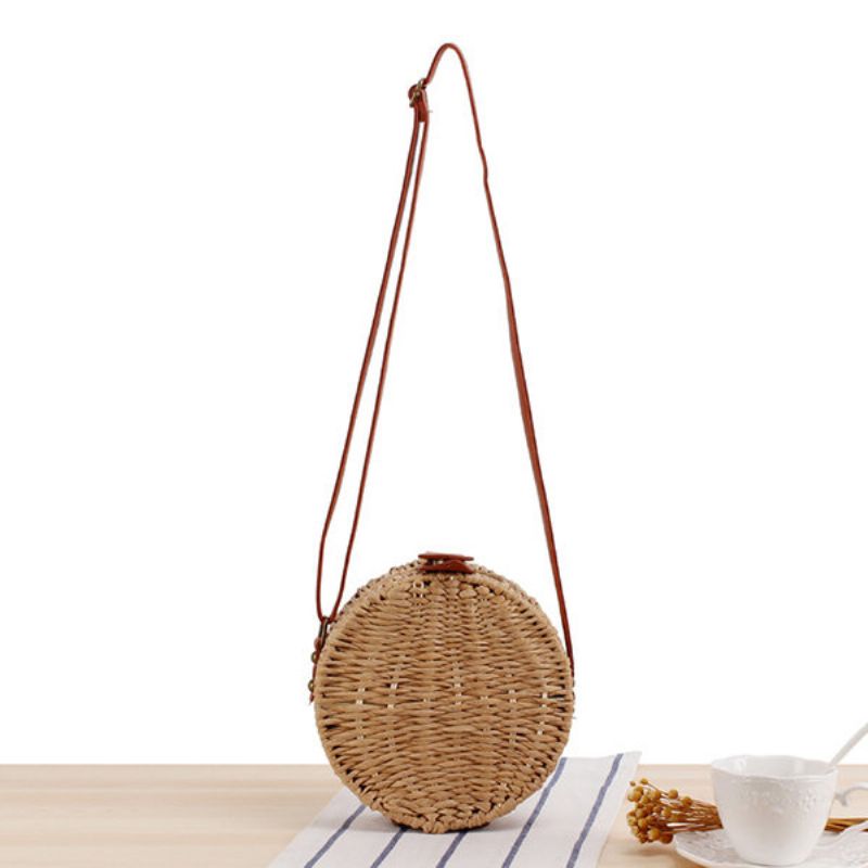 Kvinner Rundvevd Halm Crossbody Bag Solid Beach Bag