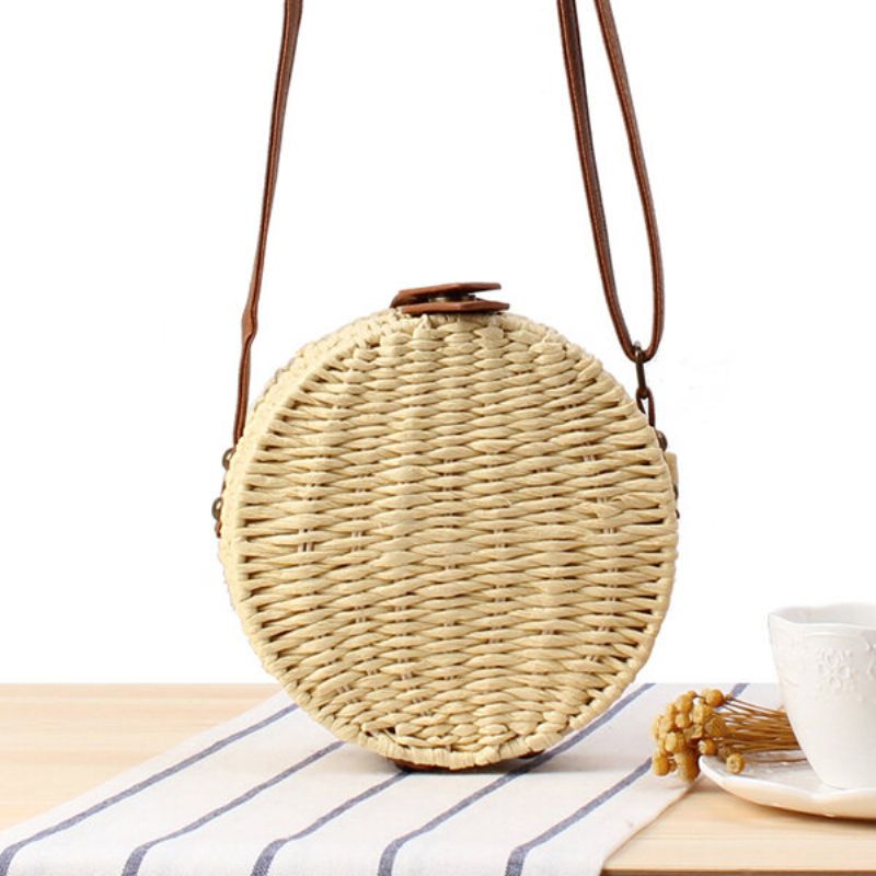 Kvinner Rundvevd Halm Crossbody Bag Solid Beach Bag