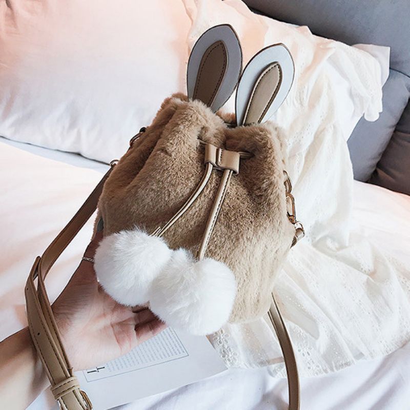 Kvinner Søt Kanin Fluffy Bucket Bag String Crossbody Bag