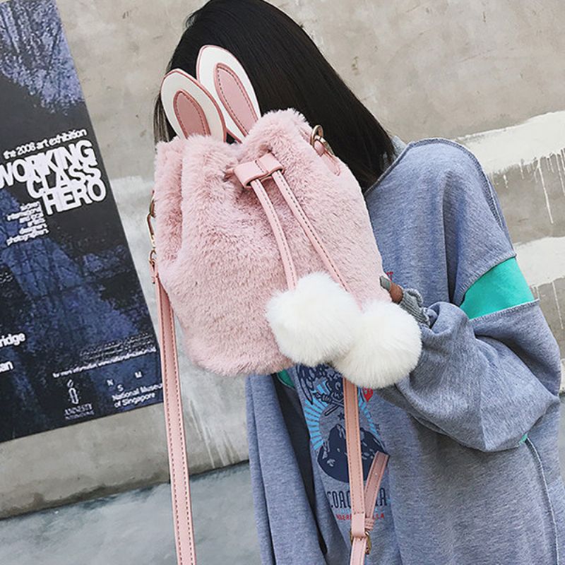 Kvinner Søt Kanin Fluffy Bucket Bag String Crossbody Bag