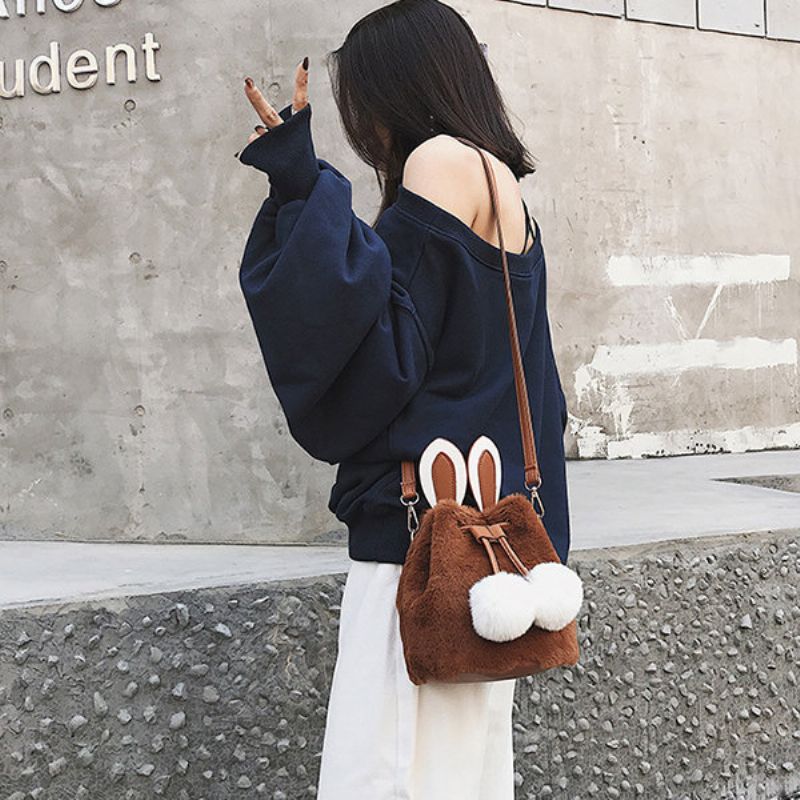 Kvinner Søt Kanin Fluffy Bucket Bag String Crossbody Bag