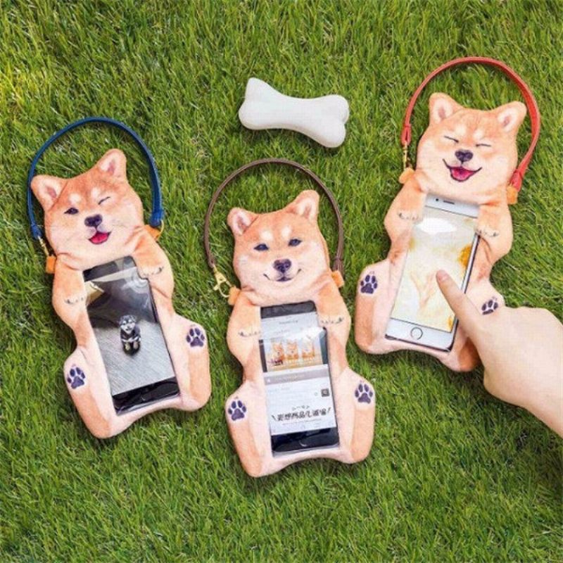 Kvinner Søt Shiba Inu Dog Touch Screen Telefon Veske Plysj Mynt Bag