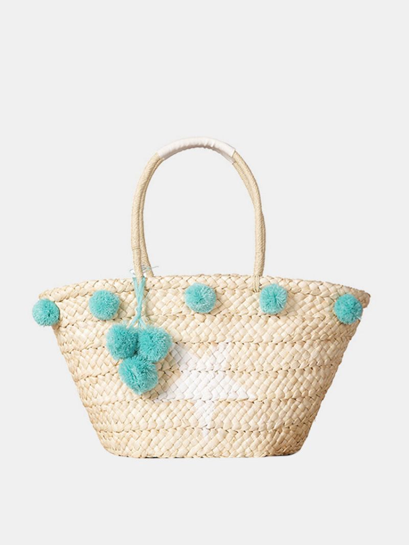 Kvinner Vevd Straw Beach Handbag Travel Plysj Ball Bag