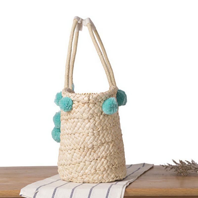 Kvinner Vevd Straw Beach Handbag Travel Plysj Ball Bag