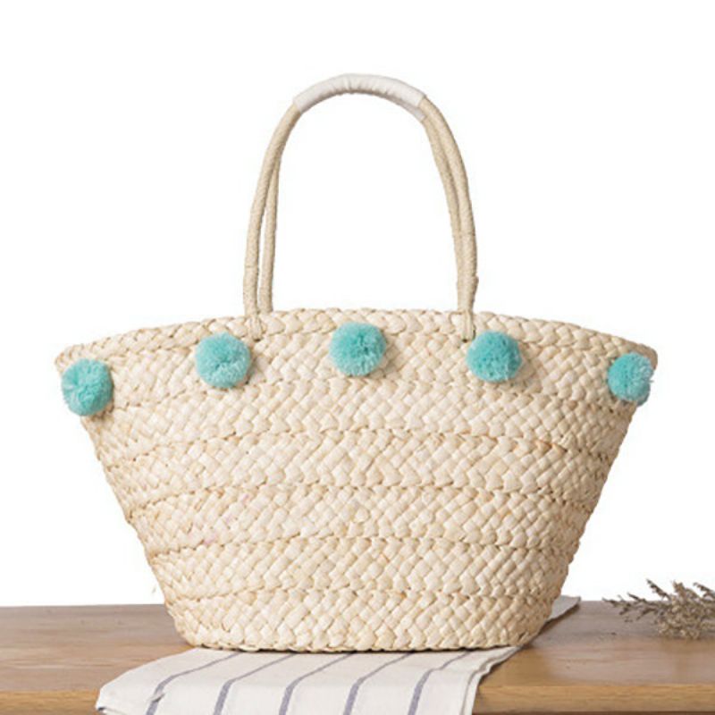 Kvinner Vevd Straw Beach Handbag Travel Plysj Ball Bag