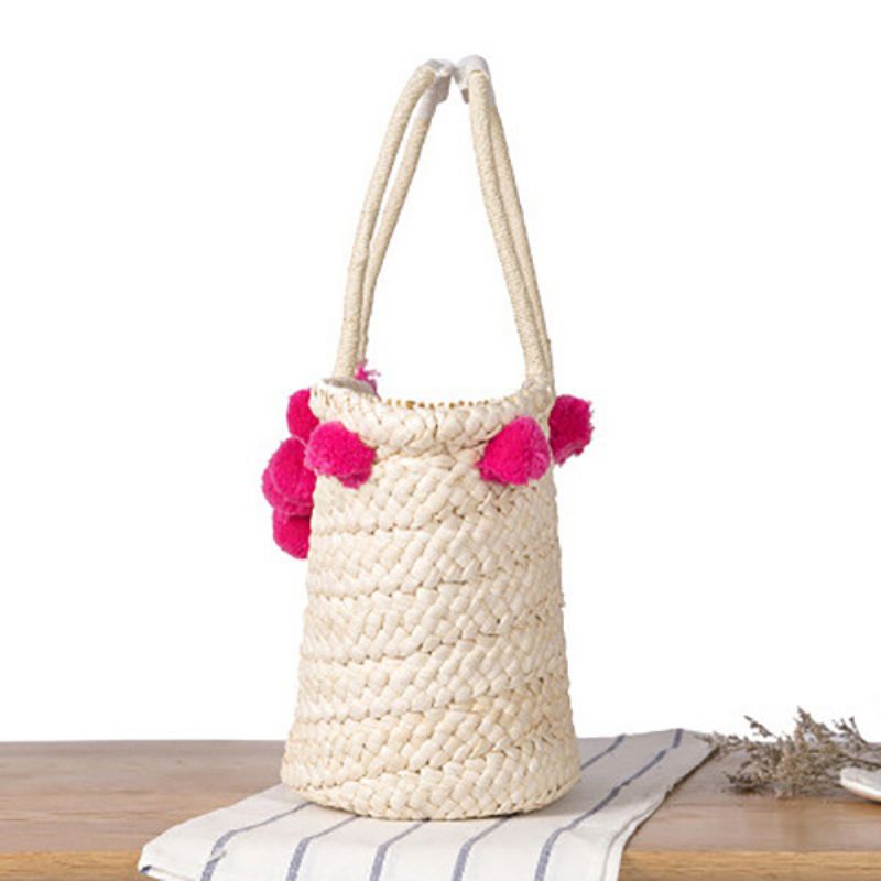 Kvinner Vevd Straw Beach Handbag Travel Plysj Ball Bag