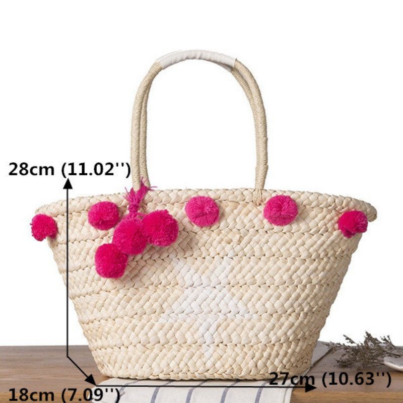 Kvinner Vevd Straw Beach Handbag Travel Plysj Ball Bag