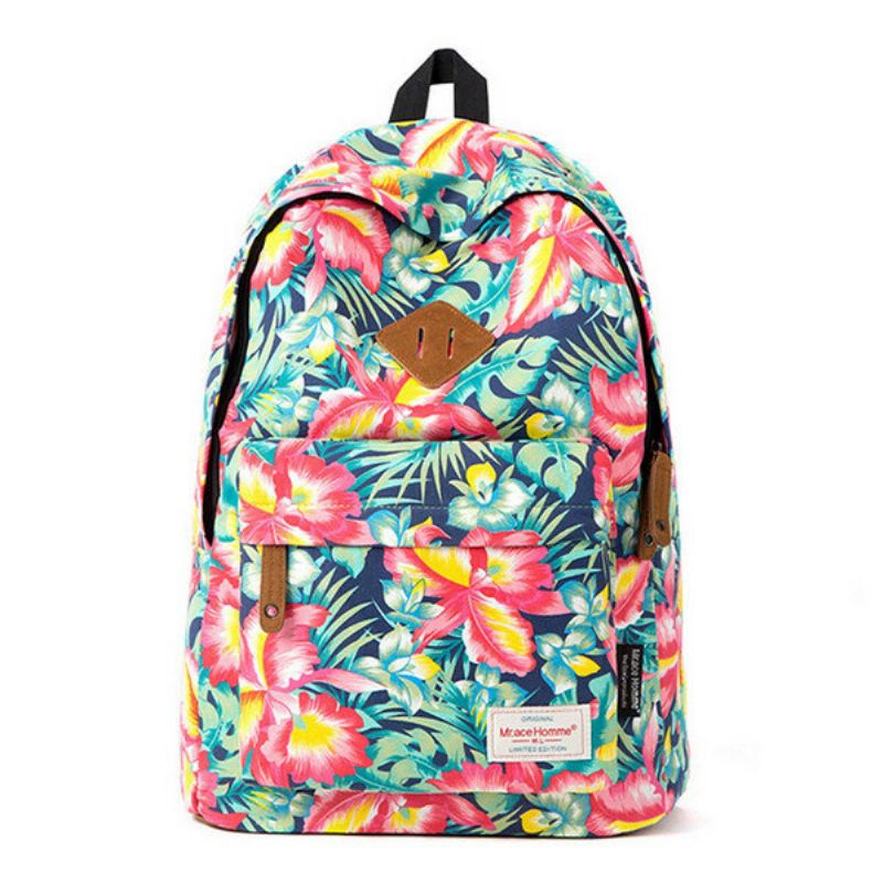 Kvinner Vintage Floral Canvas Backpack Casual Travel Bag