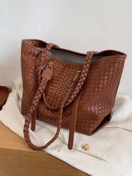 Kvinner Vintage Pu Leather Weave Stor Kapasitet Skulderveske Handbag Tote