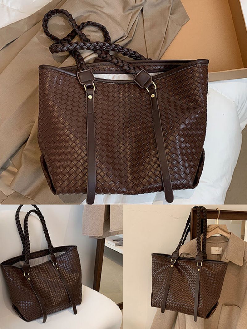 Kvinner Vintage Pu Leather Weave Stor Kapasitet Skulderveske Handbag Tote