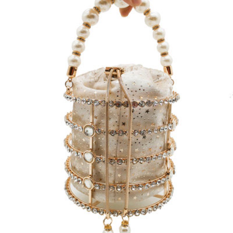 Kvinners Totes Bag Metal Bøtte Bag Pearl Diamond Sett Party Evening Bag Uttak Chain Hollow Bag