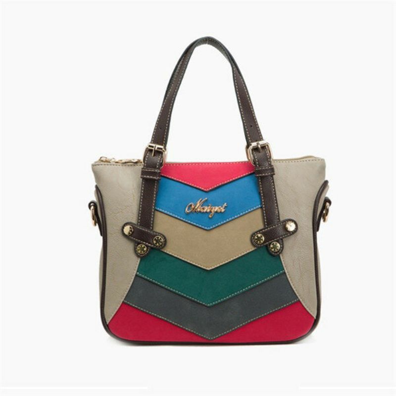 Laides Elegant Color Block Patchwork Pu-lærhåndvesker Totes Skuldervesker Crossbody-vesker