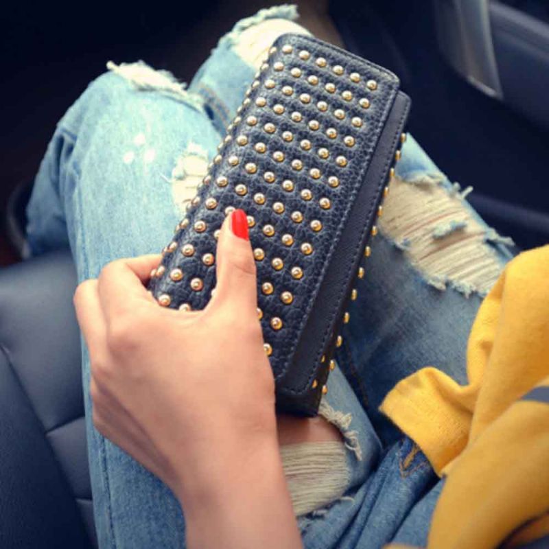 Lang Dobbeltdeksel Clutch New Fashion Women Lommebok Europeisk Og Amerikansk Pop Pun Style Rivet Handbag