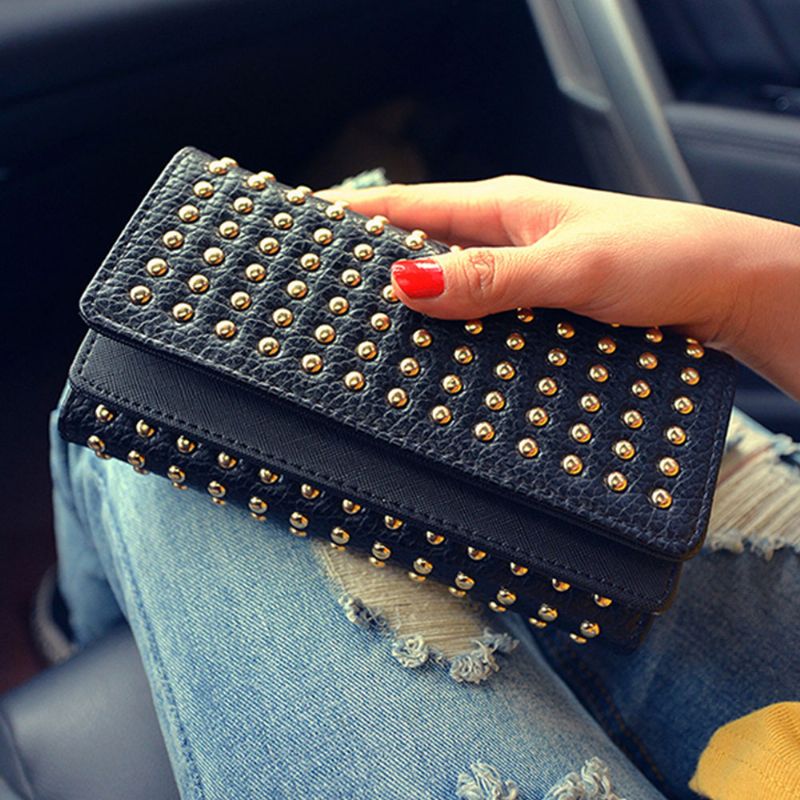 Lang Dobbeltdeksel Clutch New Fashion Women Lommebok Europeisk Og Amerikansk Pop Pun Style Rivet Handbag