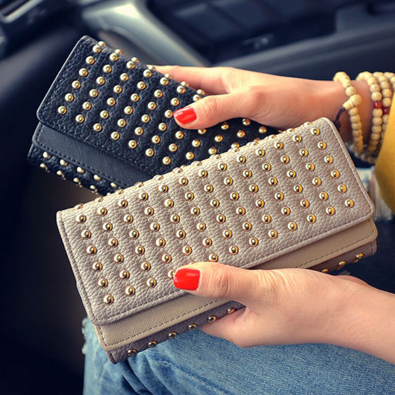 Lang Dobbeltdeksel Clutch New Fashion Women Lommebok Europeisk Og Amerikansk Pop Pun Style Rivet Handbag