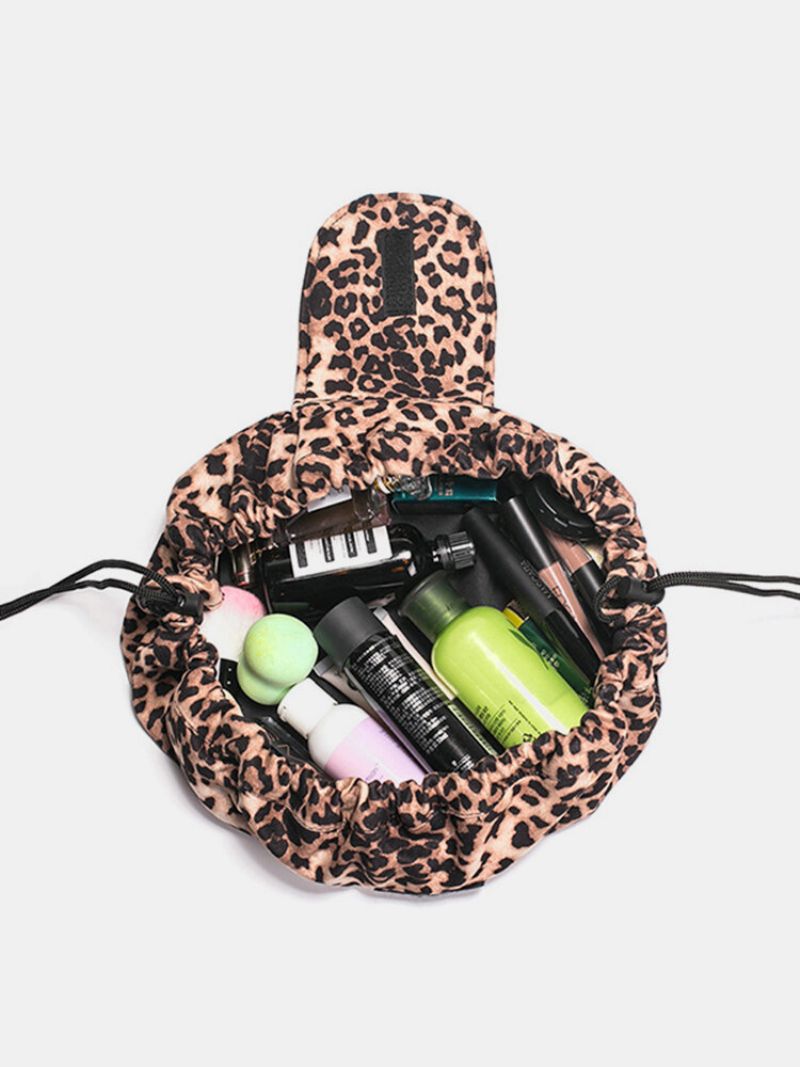 Leopardprint Lazy Makeup Bag Bærbar Reiseoppbevaringsveske Stor Kapasitet Oppbevaringsveske Med Snøring