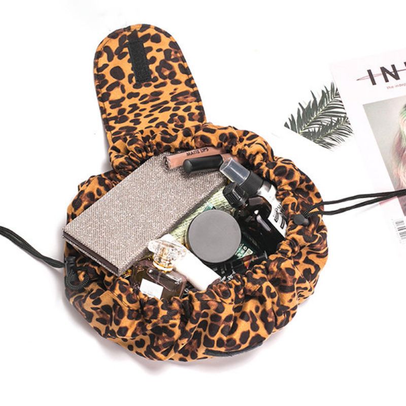 Leopardprint Lazy Makeup Bag Bærbar Reiseoppbevaringsveske Stor Kapasitet Oppbevaringsveske Med Snøring