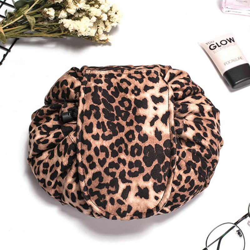 Leopardprint Lazy Makeup Bag Bærbar Reiseoppbevaringsveske Stor Kapasitet Oppbevaringsveske Med Snøring