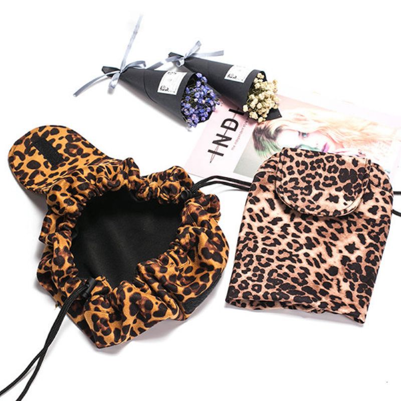 Leopardprint Lazy Makeup Bag Bærbar Reiseoppbevaringsveske Stor Kapasitet Oppbevaringsveske Med Snøring