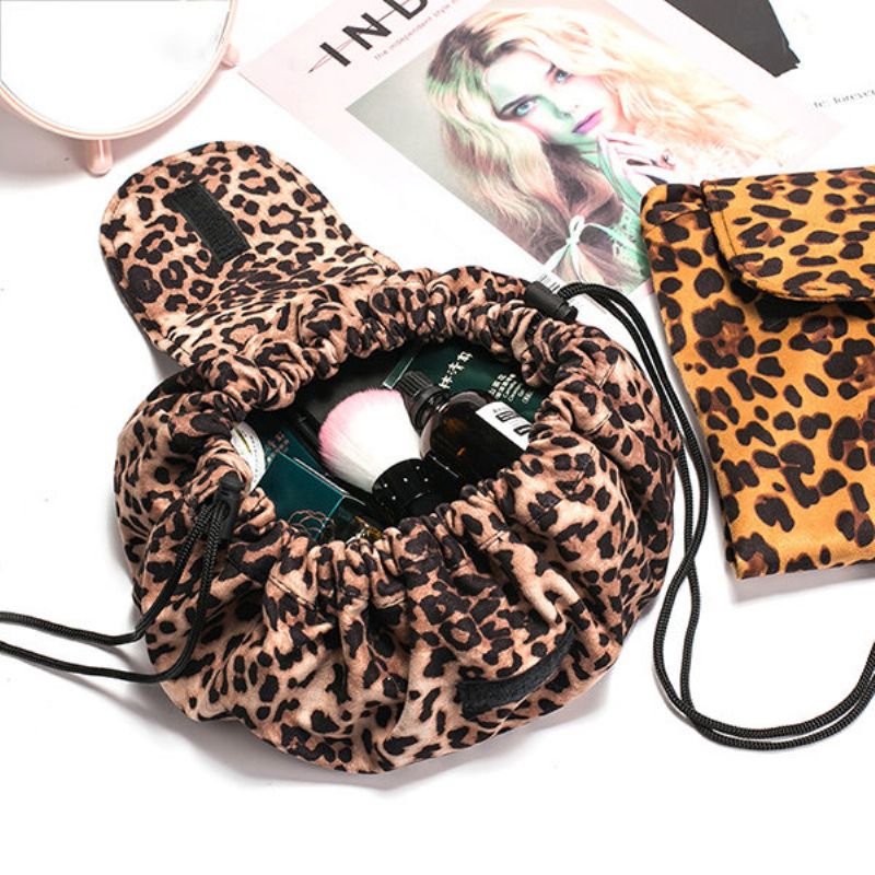 Leopardprint Lazy Makeup Bag Bærbar Reiseoppbevaringsveske Stor Kapasitet Oppbevaringsveske Med Snøring