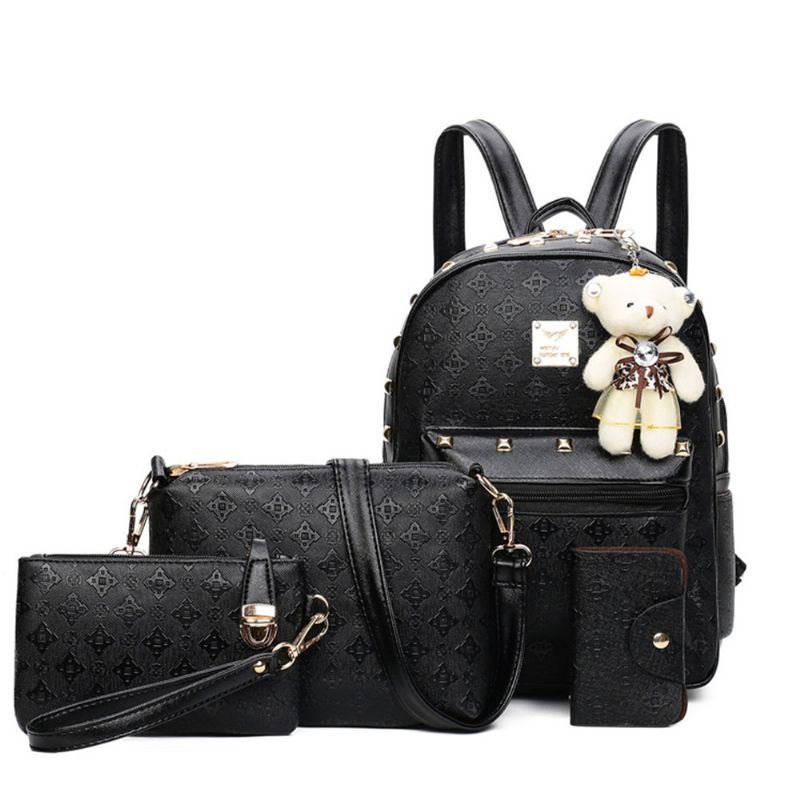 Litchi Stria Ryggsekk & Cross Body Veske & Strapped Clutch & Card Bag Preget Pu-skinn Dobbel Skulderpakke Sett 4 Stk.