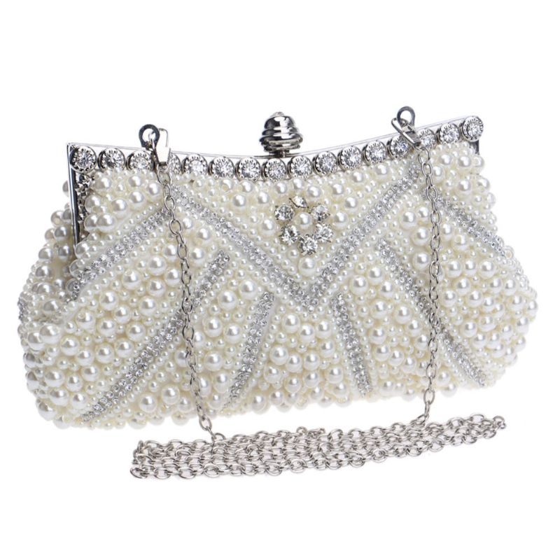 Luksuriøs Pearl Evening Clutch Bag For Kvinner Håndlaget Full Brude Bag