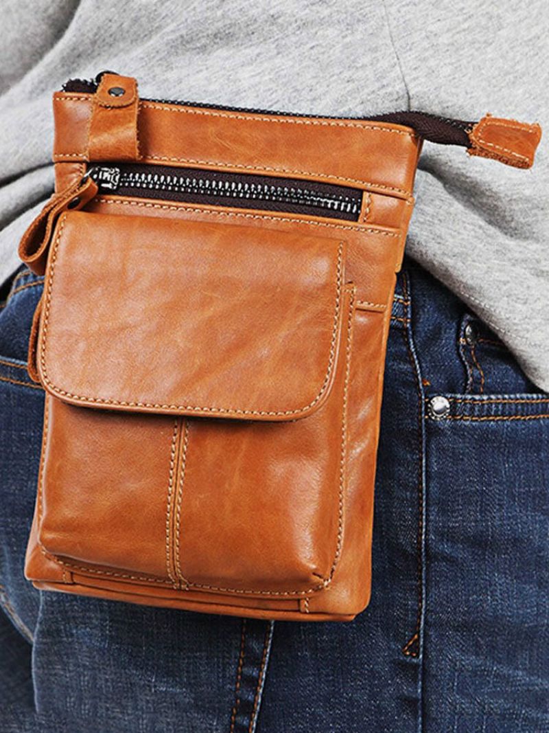 Mann Vintage Ekte Skinn Stor Kapasitet Midjeveske Crossbody-veske Multifunksjonstelefonveske