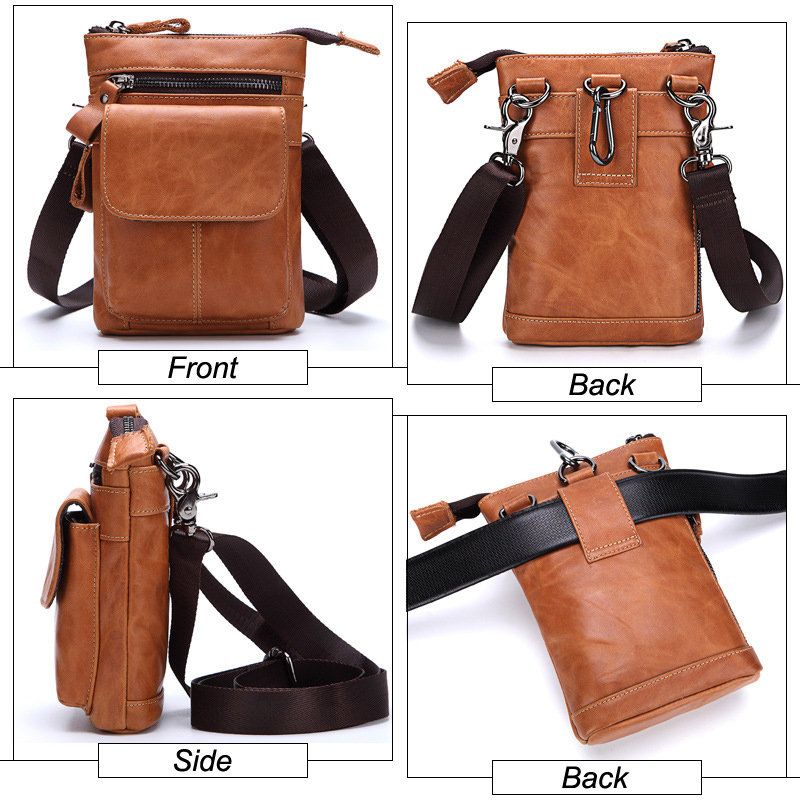 Mann Vintage Ekte Skinn Stor Kapasitet Midjeveske Crossbody-veske Multifunksjonstelefonveske