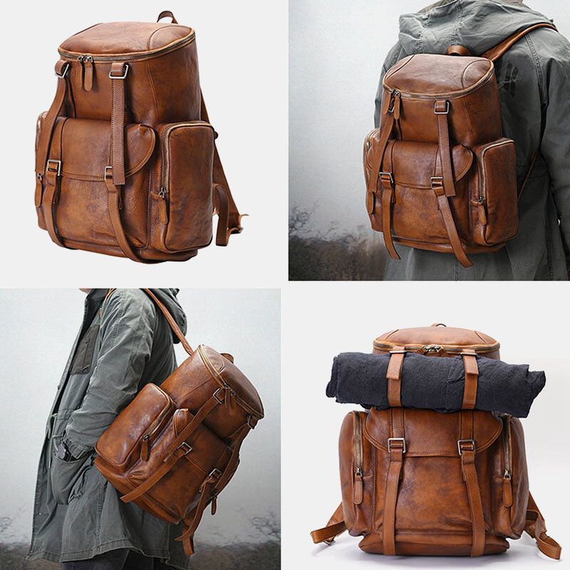 Menn Pu Leather Vintage Solid Multi-pocket Reiseveske Ryggsekk