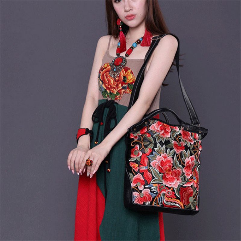 National Style Flower Pattern Handbag Skulderveske Crossbody Bag