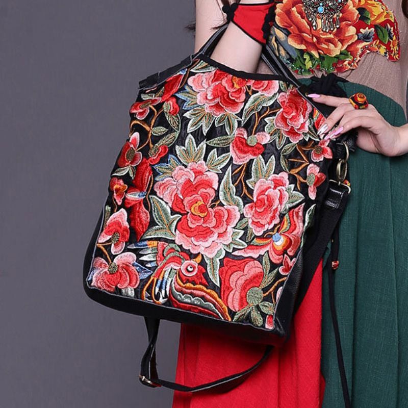 National Style Flower Pattern Handbag Skulderveske Crossbody Bag