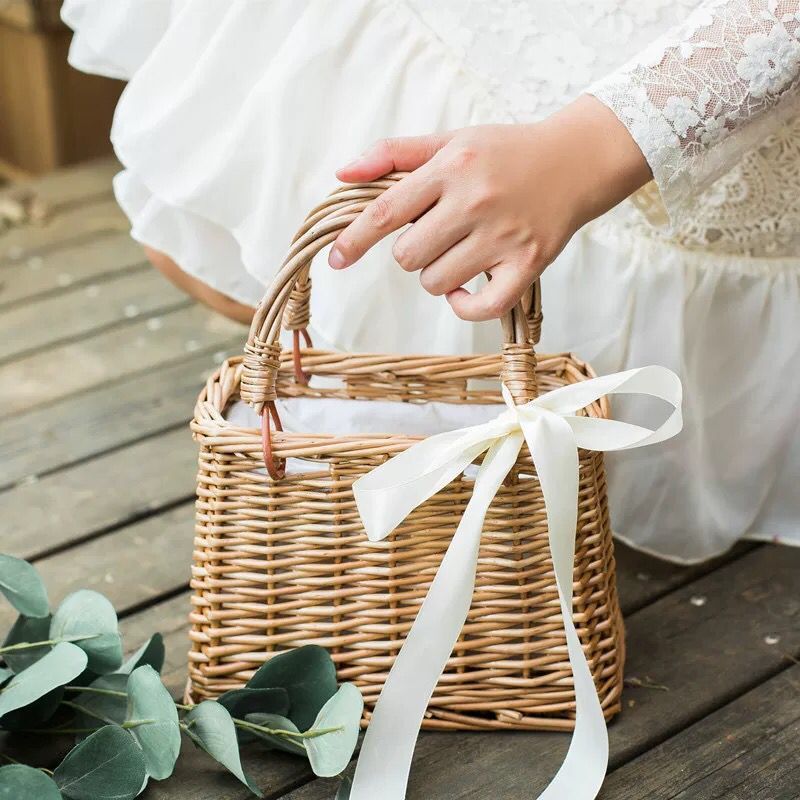 Rattan Blomsterkurv Håndveske Koreansk Vevd Grønnsakskurv Stoff Fôr Pil Ny Kvinnelig Bag Ins Med Sommer Bambus