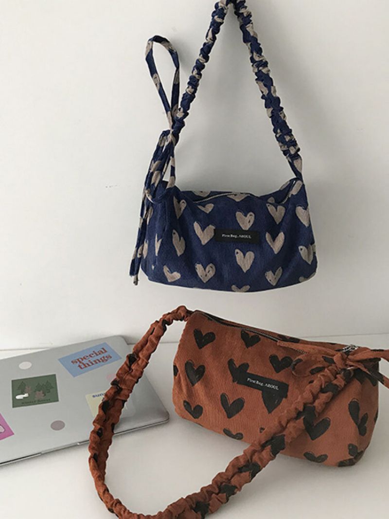 Retro Coduroy Patchwork Stor Kapasitet Hjerteutskrift Tote Håndveske Crossbody Bag