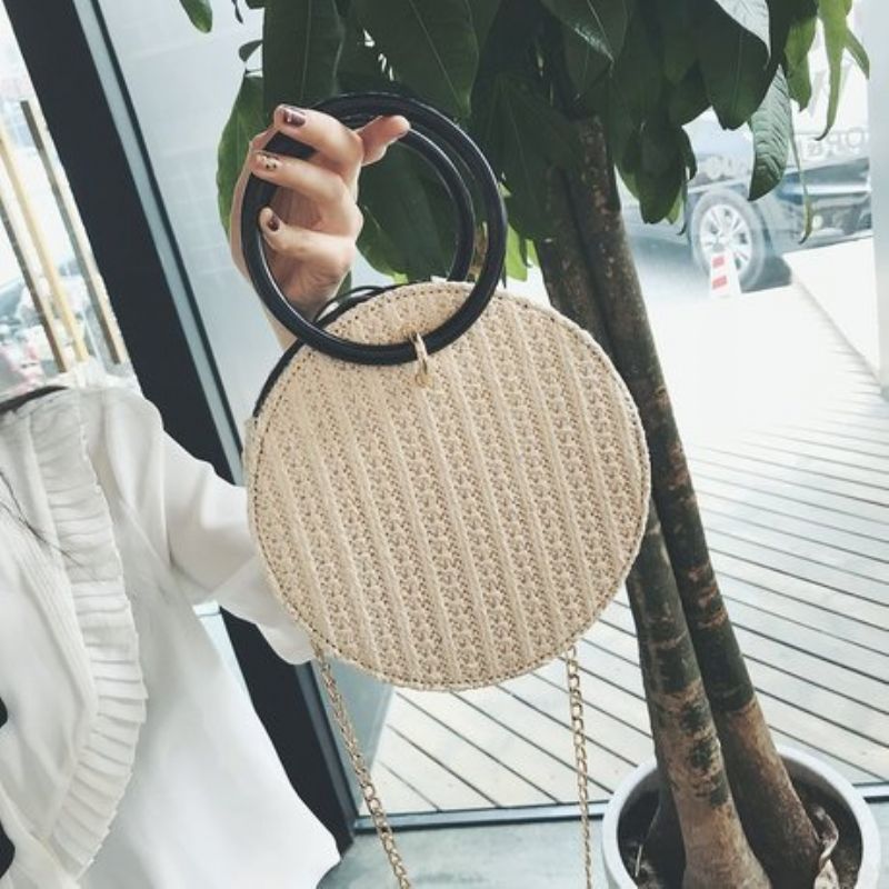 Rund Sirkulær Rotting Flettet Halmvevd Dusk Crossbody Beach Bag Basket Gave