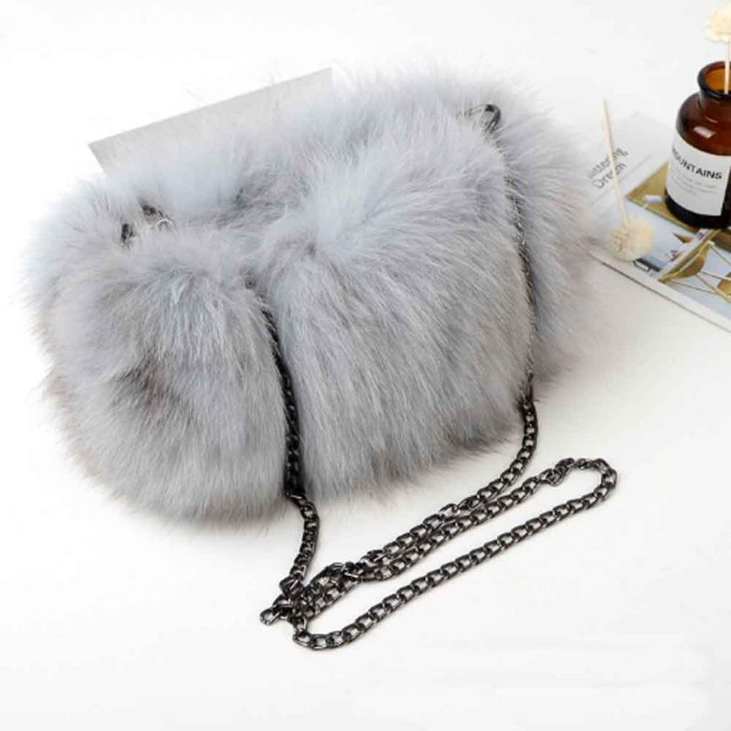 Selected Fox Fur Dame Skulderveske Vakker Diagonal Crossing Bag Med Skulderremspenne