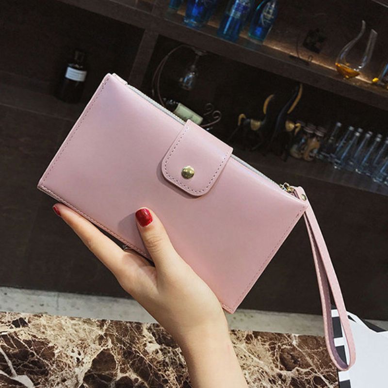 Stilig Pure Color Pu-skinn Lang Lommebok Clutch Passoppbevaringsveske 5.5 Tommers Telefonvesker