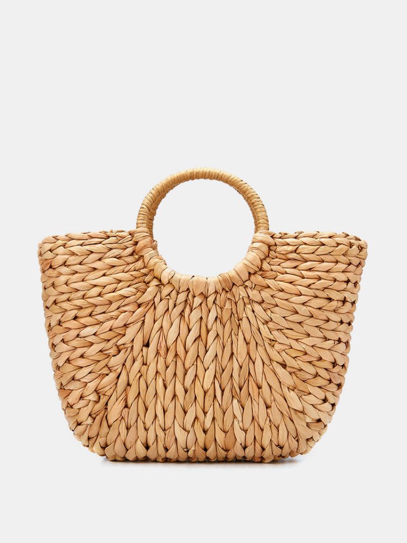 Straw Bag Dame Sommer Rattan Bag Håndlaget Vevd Circle Bohemia Beach Handbag