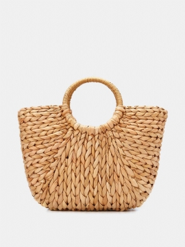 Straw Bag Dame Sommer Rattan Bag Håndlaget Vevd Circle Bohemia Beach Handbag